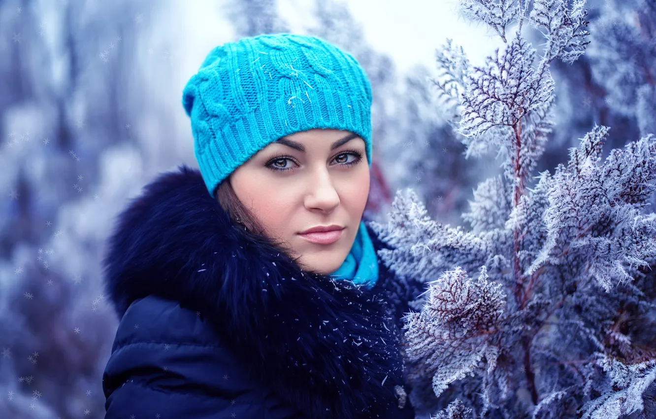 Photo wallpaper winter, frost, girl, snow, branches, hat, collar, coat