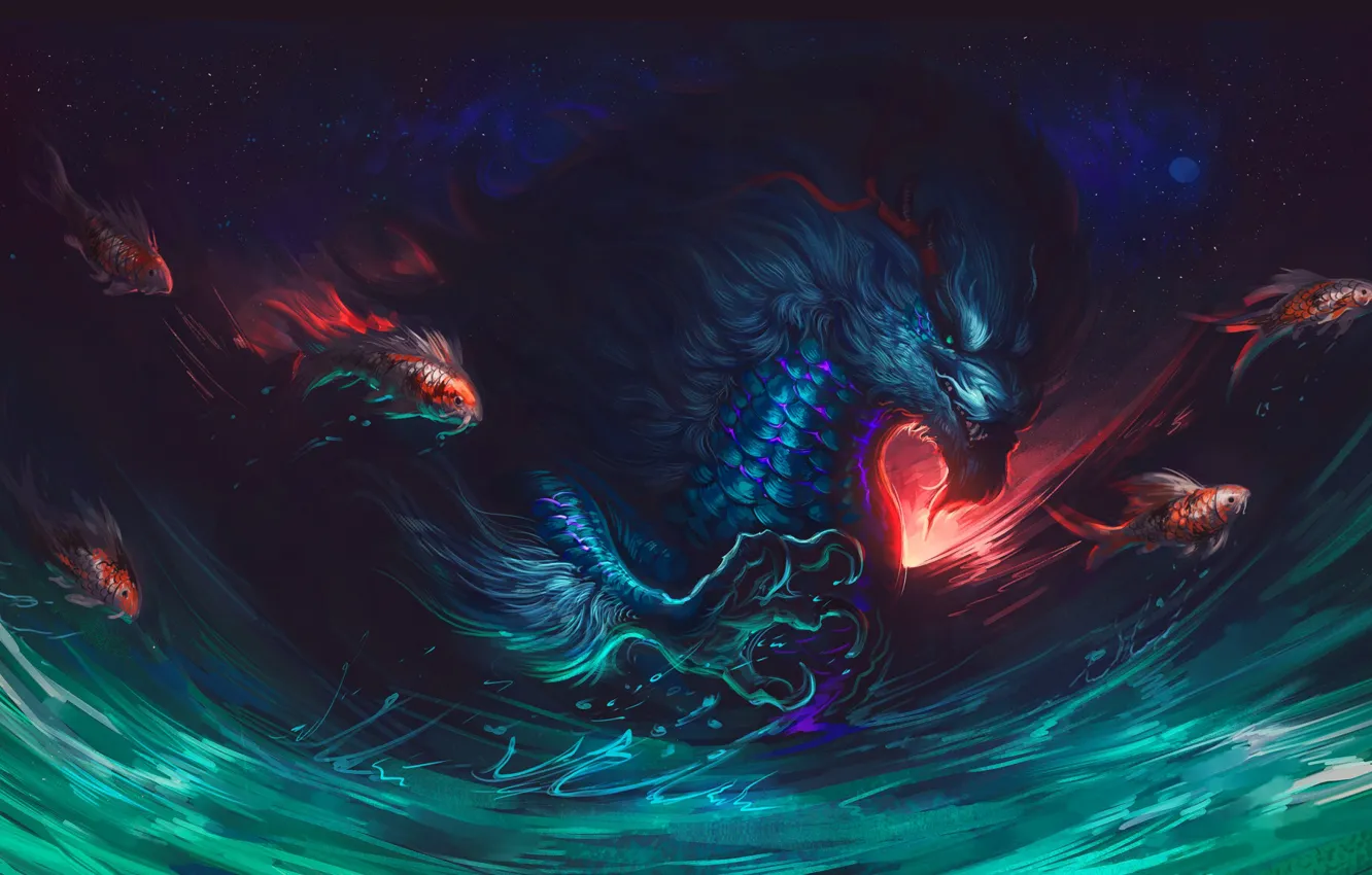 Photo wallpaper fish, fiction, dragon, fish, being, paws, art, science fiction
