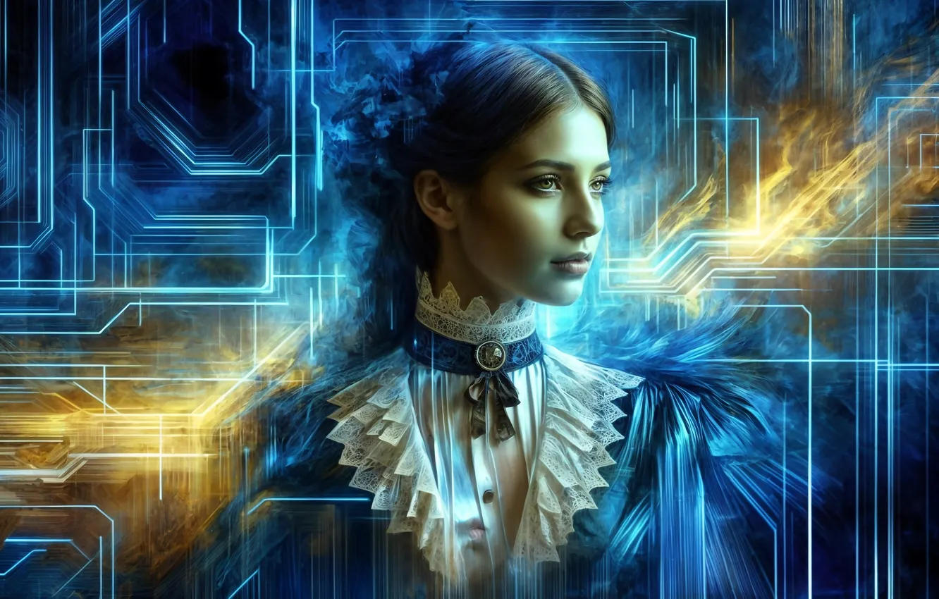 Photo wallpaper look, girl, line, night, lights, retro, fiction, past