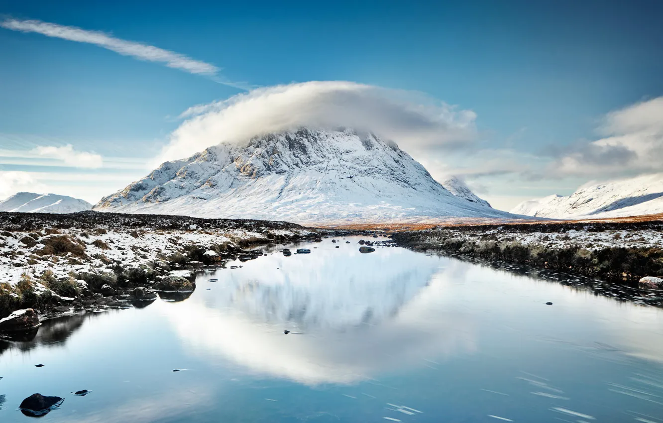 Photo wallpaper river, water, clouds, mountain, lake, snow, Scotland, stones