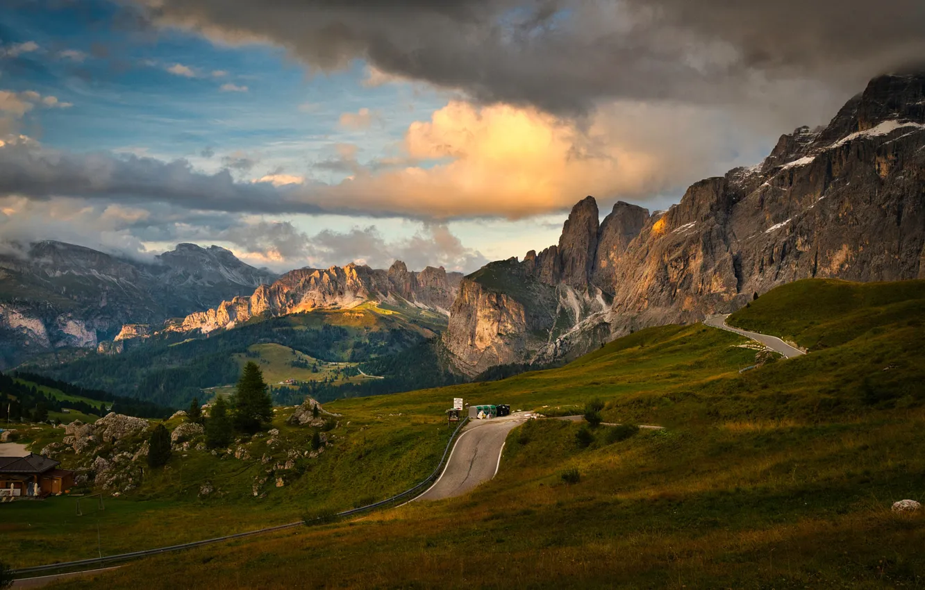 Photo wallpaper road, field, forest, the sky, clouds, light, mountains, stones