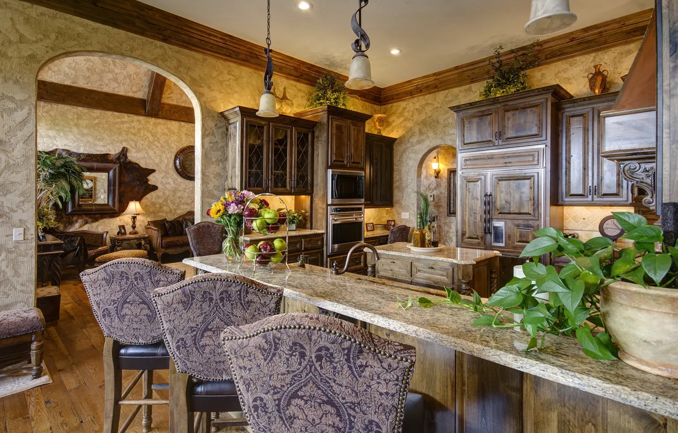 Photo wallpaper flowers, design, table, interior, chair, kitchen, fruit