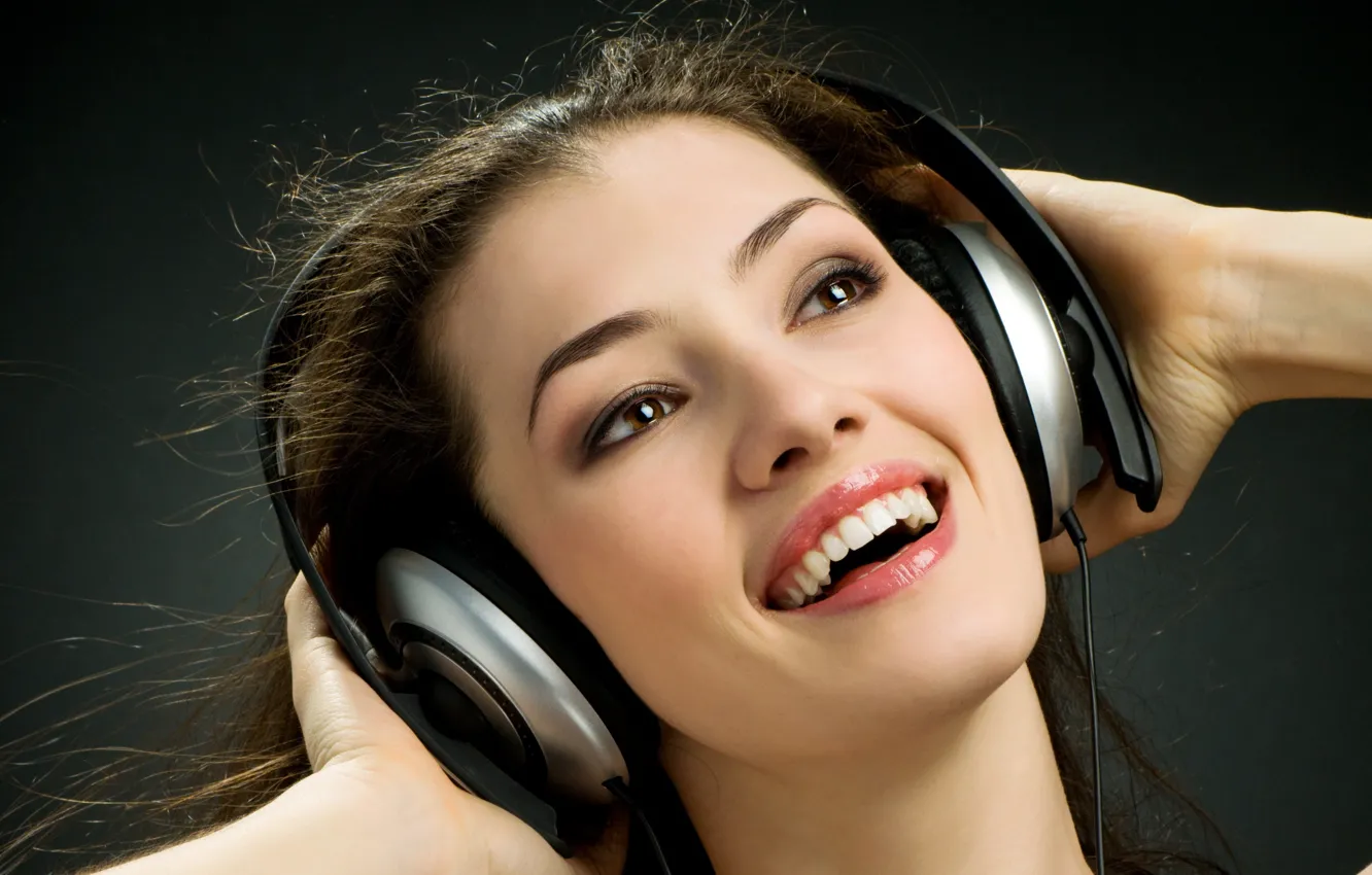 Photo wallpaper joy, headphones, brown hair, brown-eyed