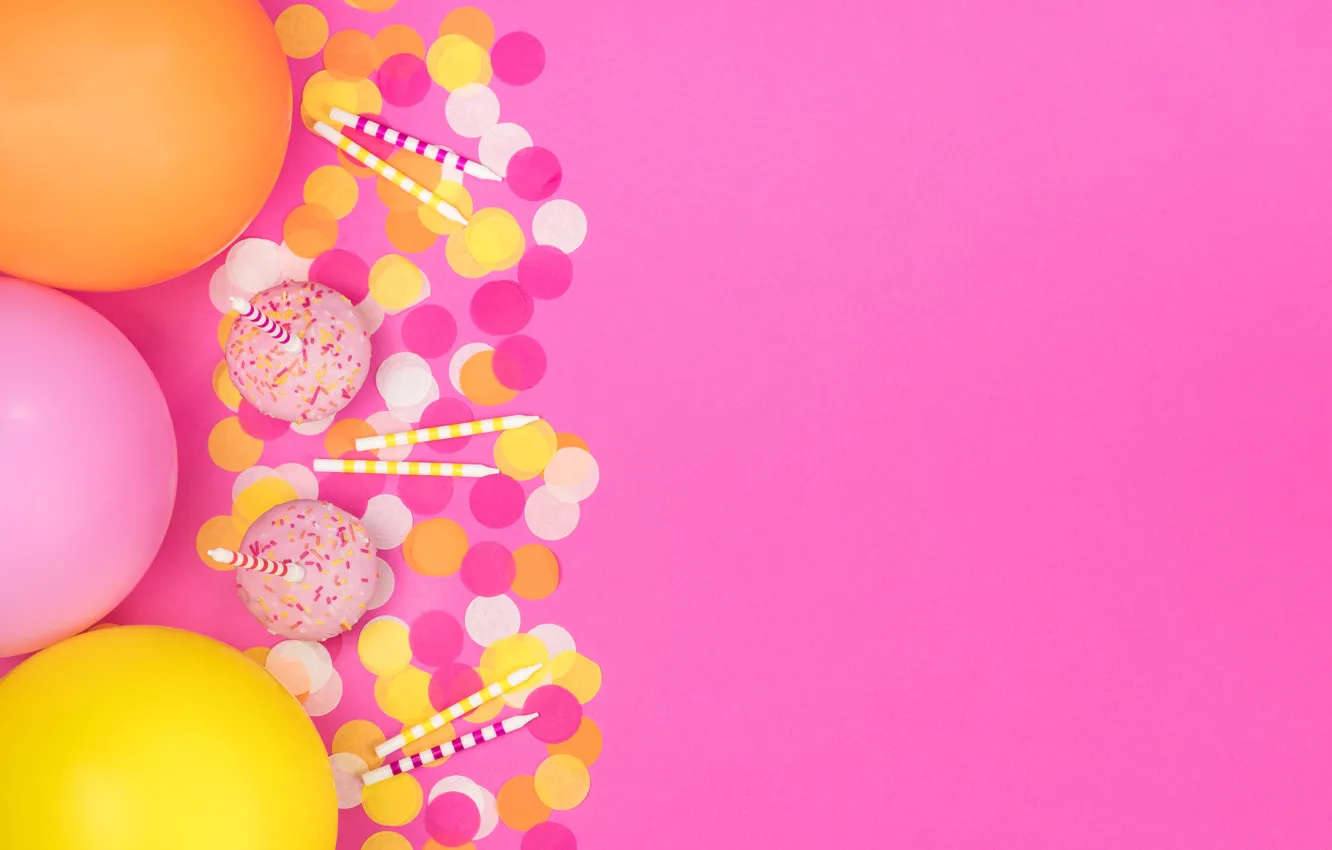 Photo wallpaper holiday, balls, candles, decor, cupcakes, birthday