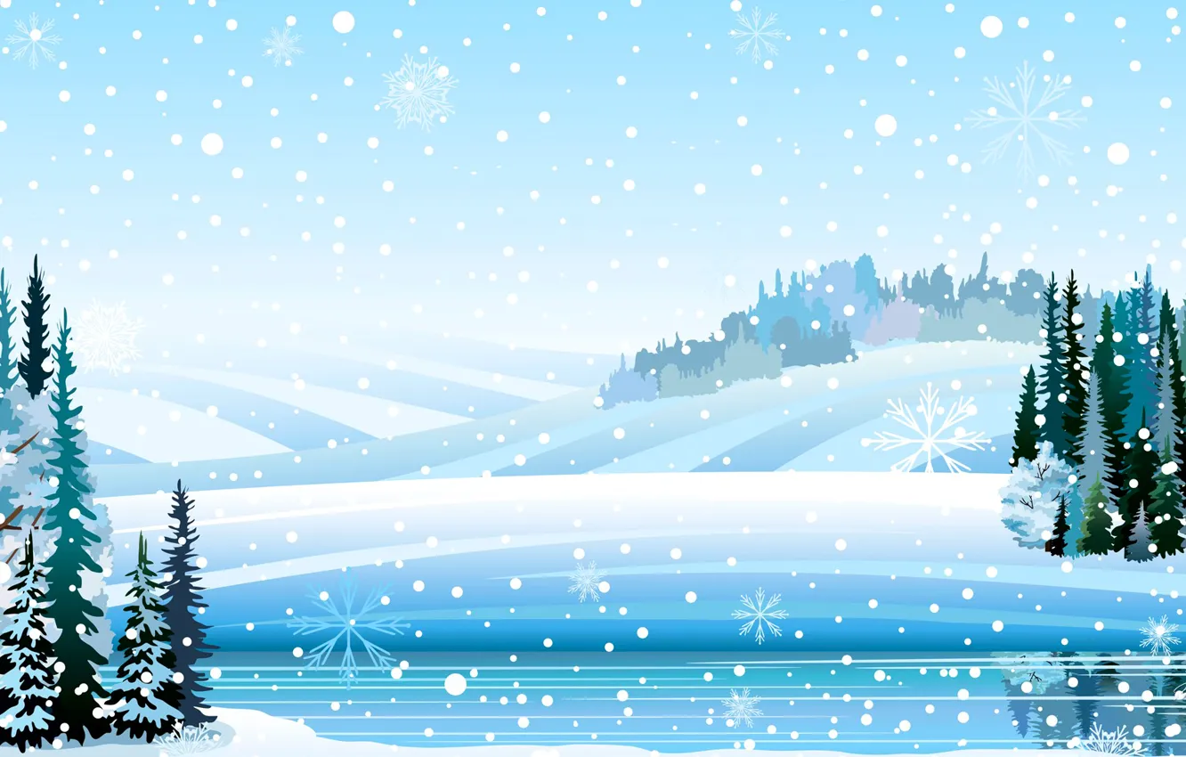 Photo wallpaper winter, snow, trees, snowflakes, collage, postcard