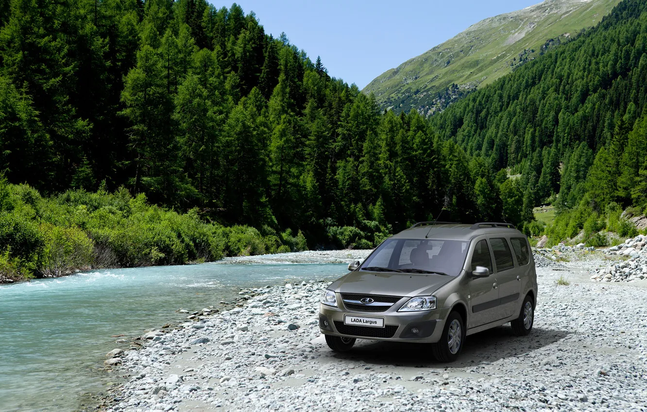 Photo wallpaper forest, river, stones, mountain, Lada Largus