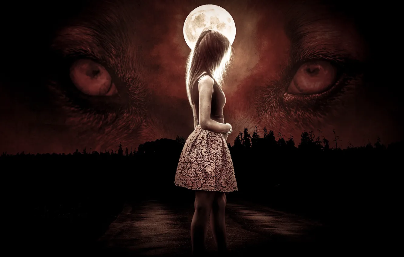 Photo wallpaper girl, moon, forest, dress, eyes, night, wolf, darkness