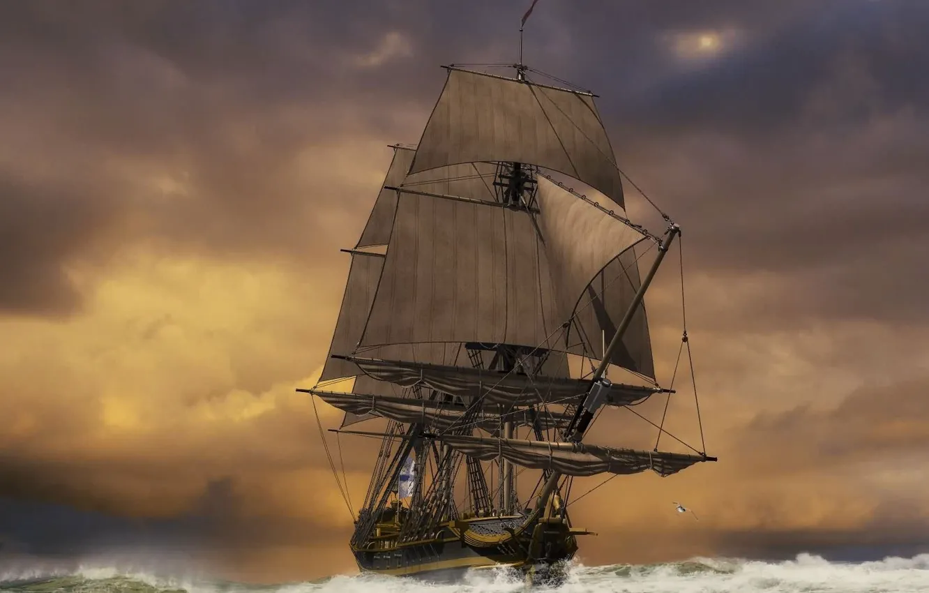 Photo wallpaper sea, storm, ship, sails, weather
