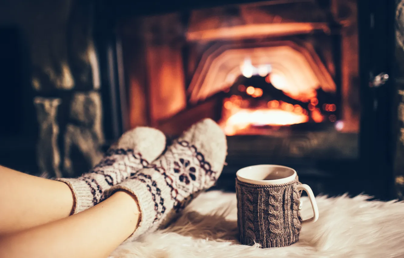 Photo wallpaper fire, cafe, stockings, fireplace