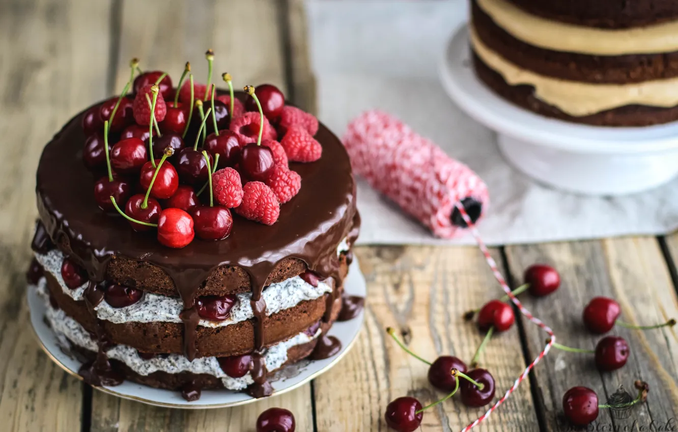Photo wallpaper berries, cake, cream, chocolate