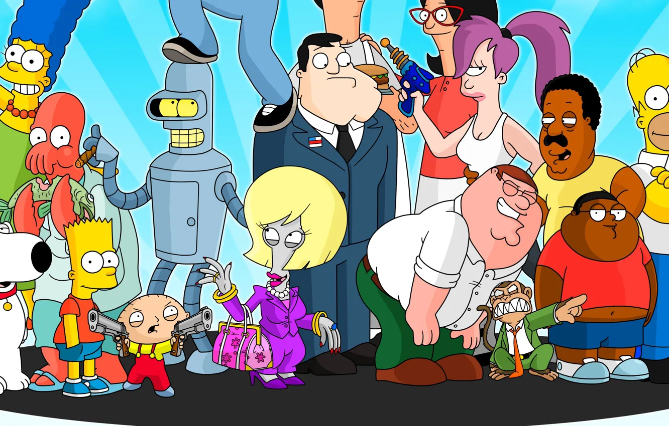 Photo wallpaper Futurama, cartoon, crossover, Family Guy, The Simpsons, tv series, The Cleveland Show, American Dad!