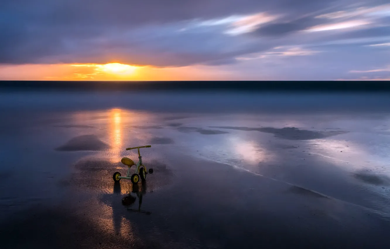 Photo wallpaper sea, sunset, bike, shore