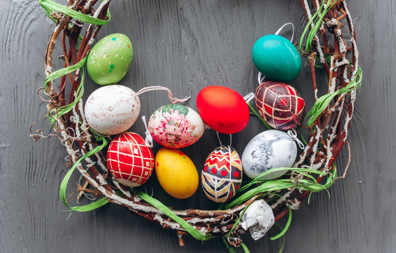 Photo wallpaper branches, eggs, spring, colorful, Easter, wreath, wood, spring