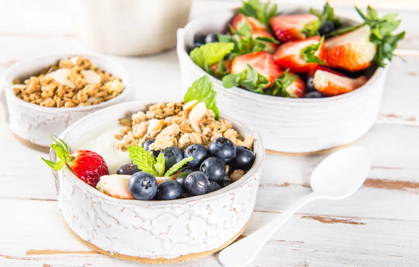 Photo wallpaper berries, Breakfast, yogurt, granola
