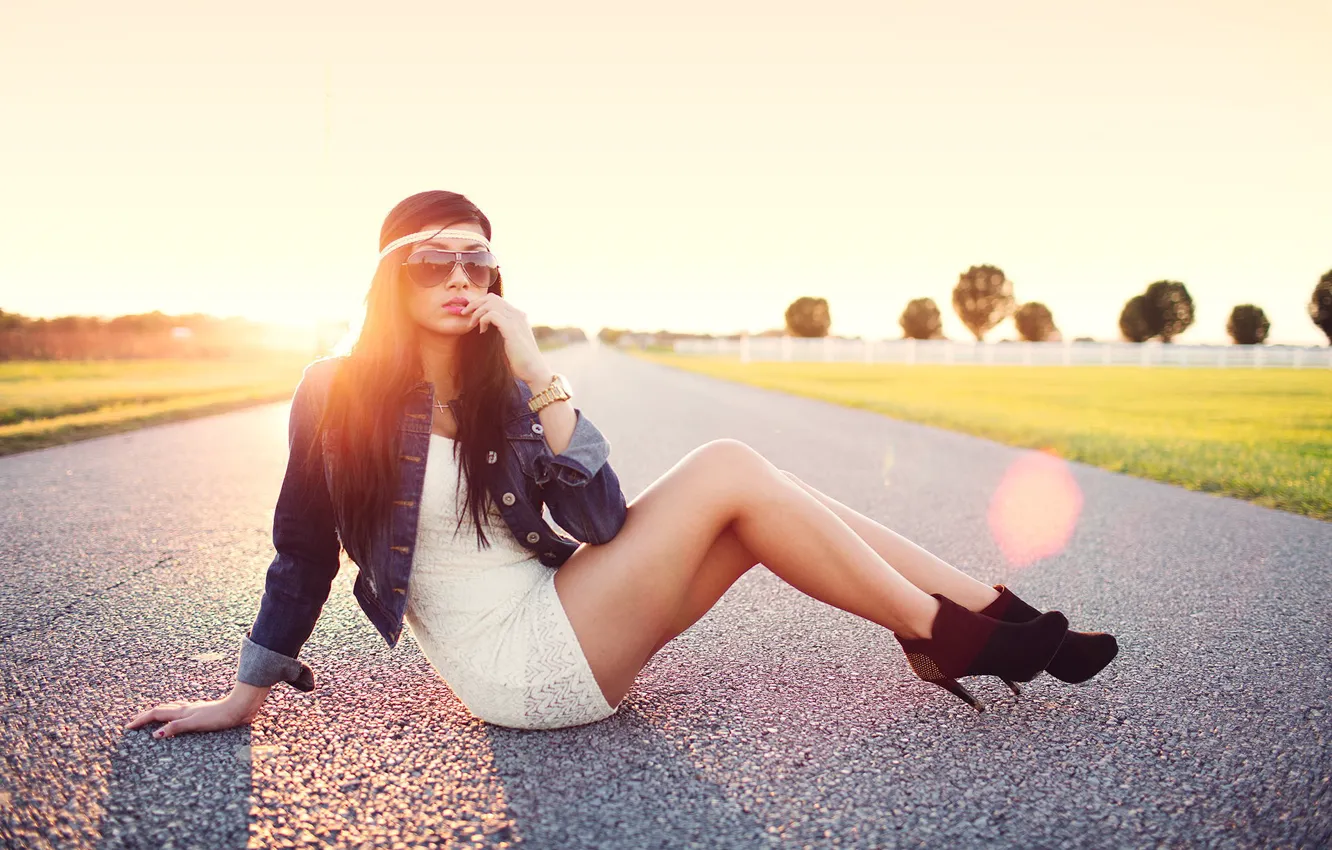 Photo wallpaper sunset, brunette, glasses, heels, legs, sitting, photographer, face