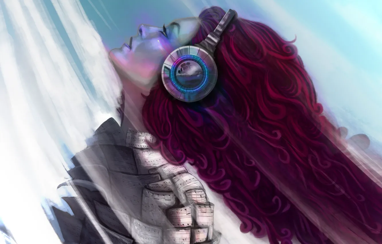 Photo wallpaper girl, music, headphones, art, profile, red hair