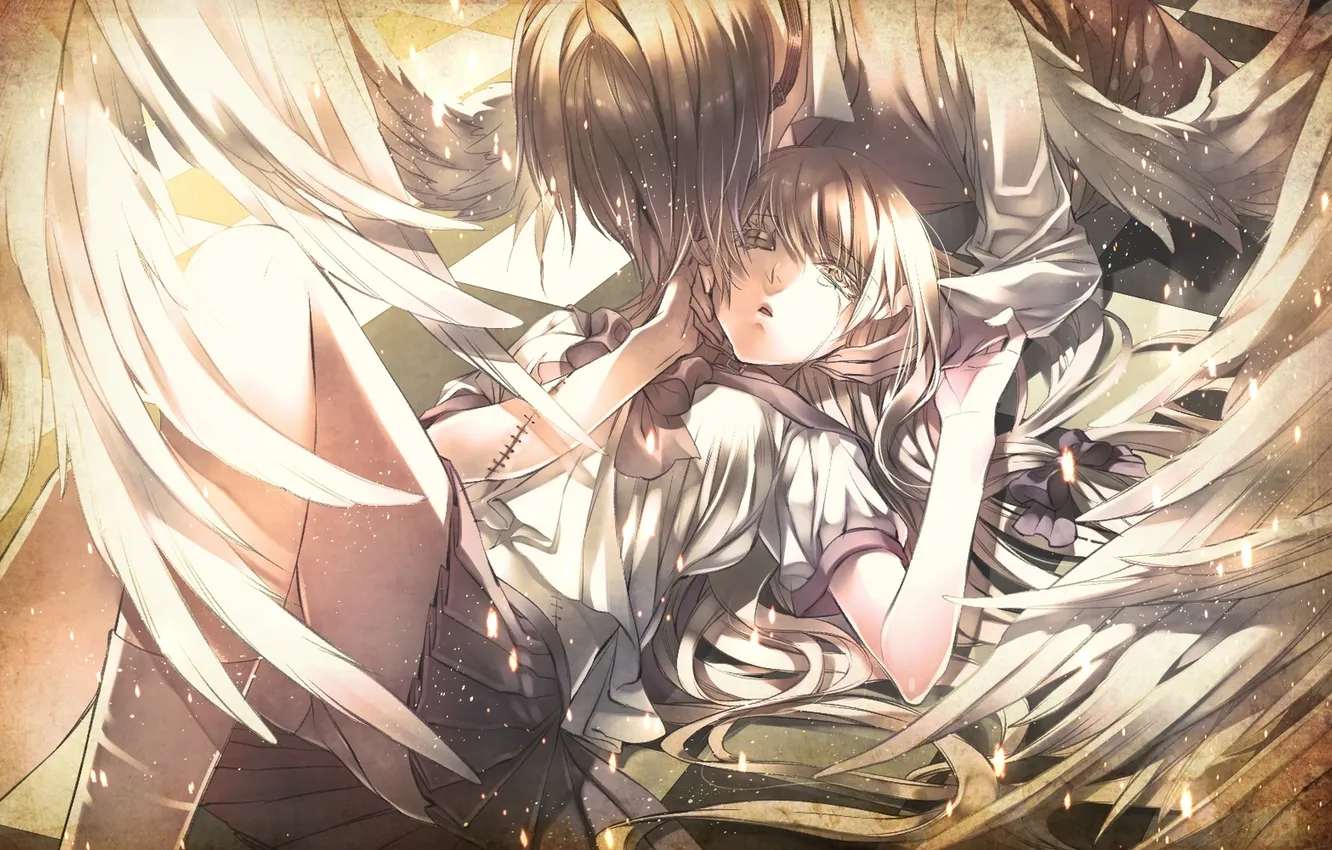Photo wallpaper girl, wings, anime, tears, art, guy, scar, shijuu ago
