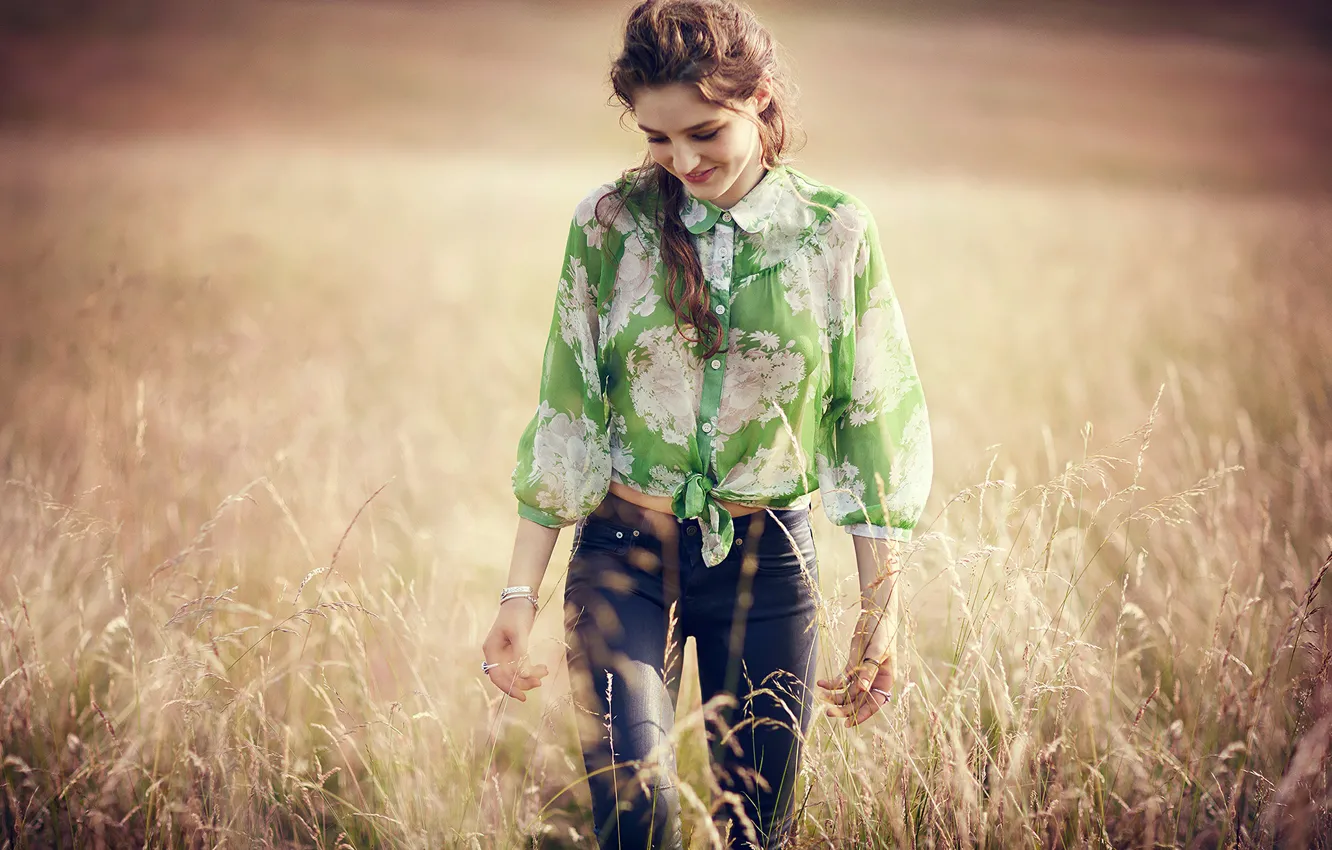 Photo wallpaper field, girl, pose, jeans, blouse, Birdy