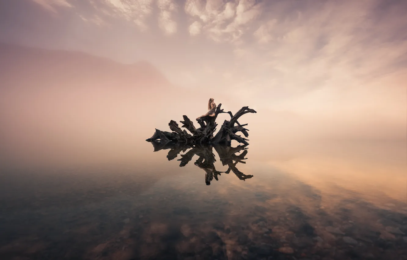 Photo wallpaper girl, clouds, trees, mountains, nature, pose, fog, lake