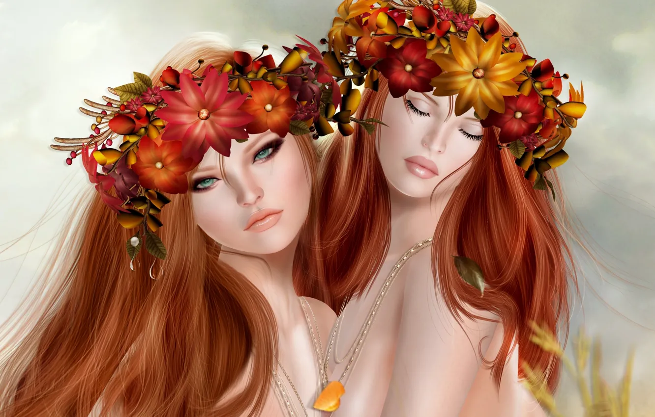 Photo wallpaper girl, red, Duo, wreath