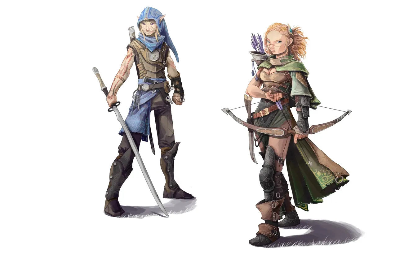 Photo wallpaper elf, minimalism, sword, katana, bow, Archer, fantasy, white background