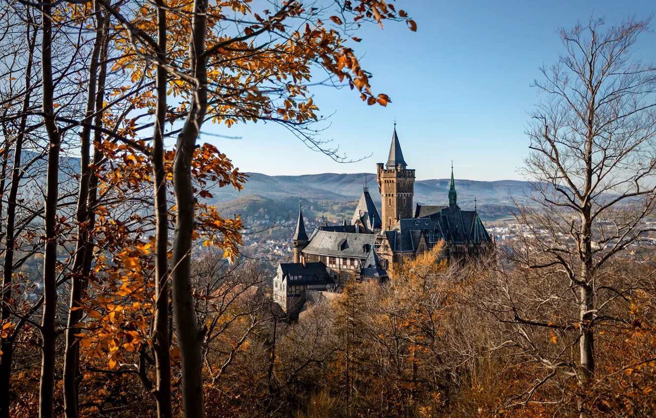 Photo wallpaper autumn, the sun, trees, landscape, nature, castle, Germany, Wernigerode Castle