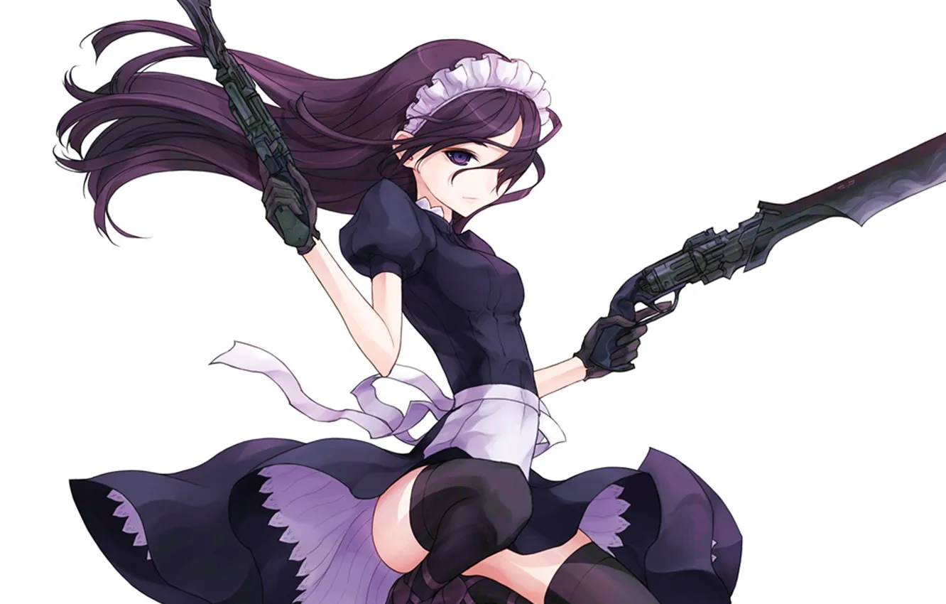 Photo wallpaper white background, gloves, long hair, the maid, on my knees, bezel, black stockings, revolvers
