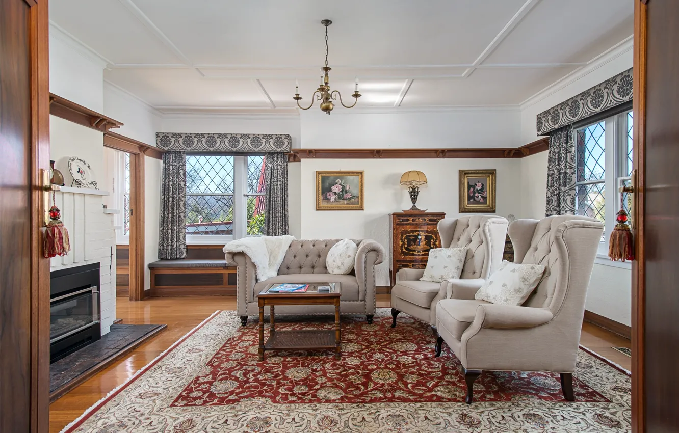 Wallpaper design, sofa, carpet, chairs, fireplace, living room for