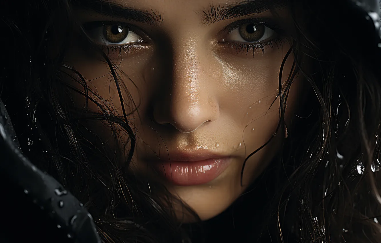 Photo wallpaper look, girl, drops, close-up, face, rain, portrait, brunette