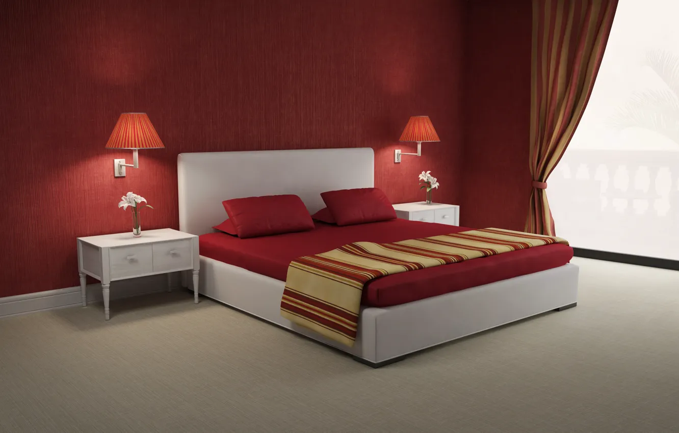 Photo wallpaper red, furniture, interior, red, Mihalis A, lamp, bed, bedroom
