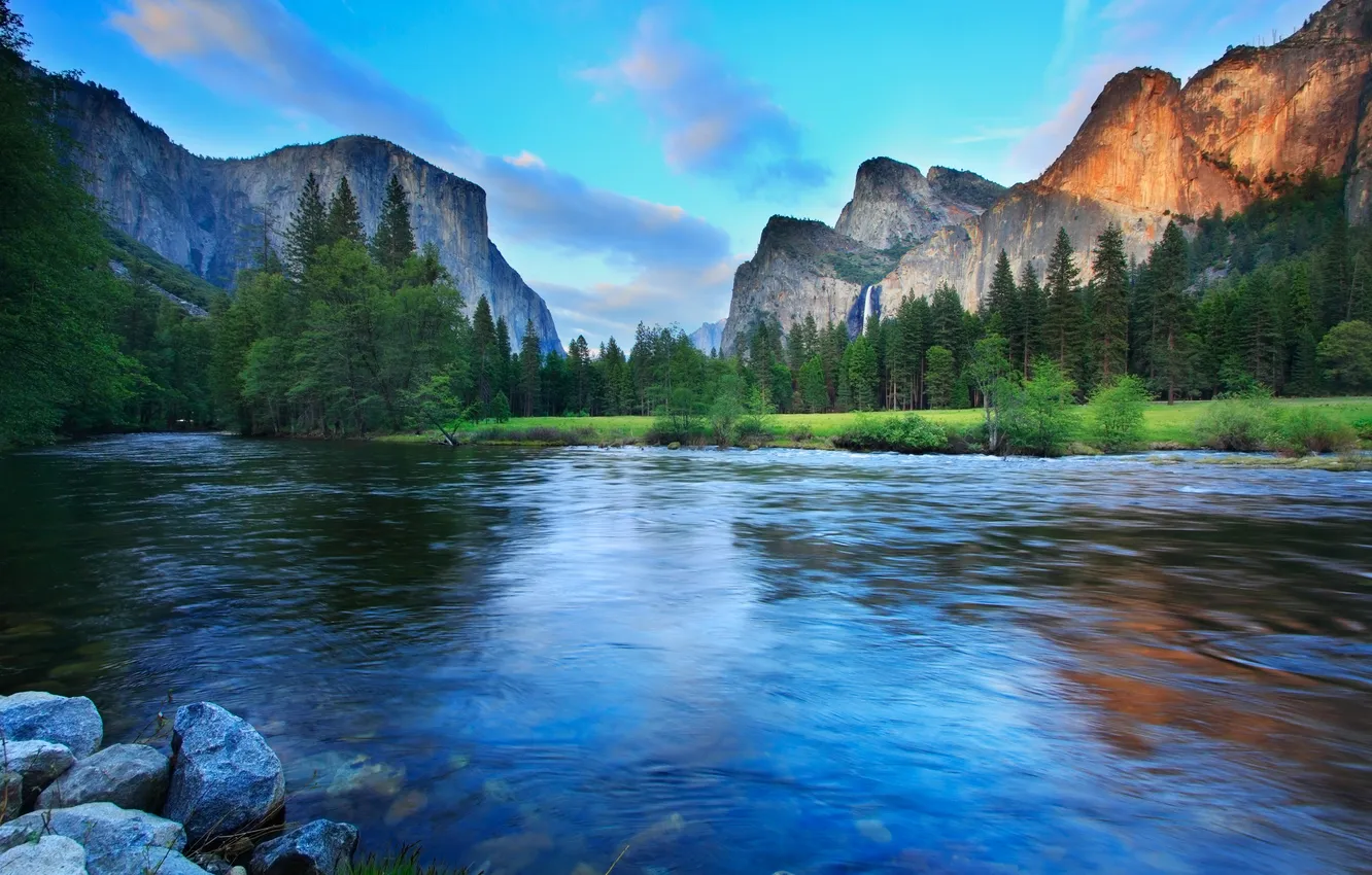 Photo wallpaper forest, the sky, mountains, blue, stones, rocks, shore, tops
