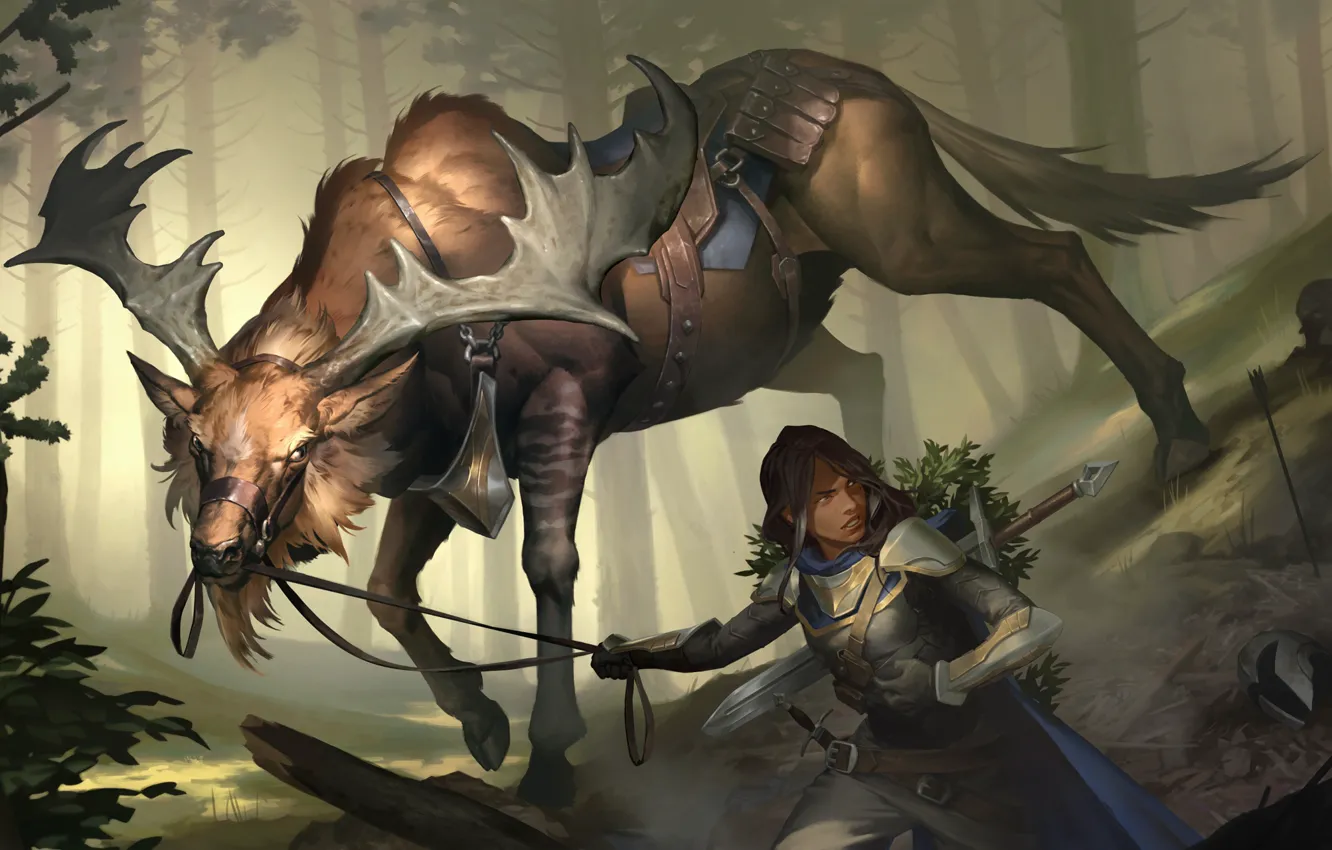 Photo wallpaper forest, girl, deer, harness, Legends of Runeterra