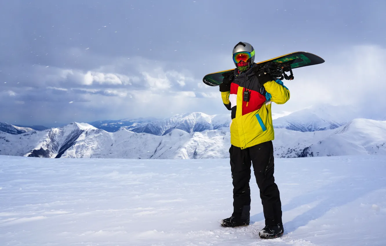 Photo wallpaper winter, the sun, clouds, snow, landscape, mountains, pose, snowboard