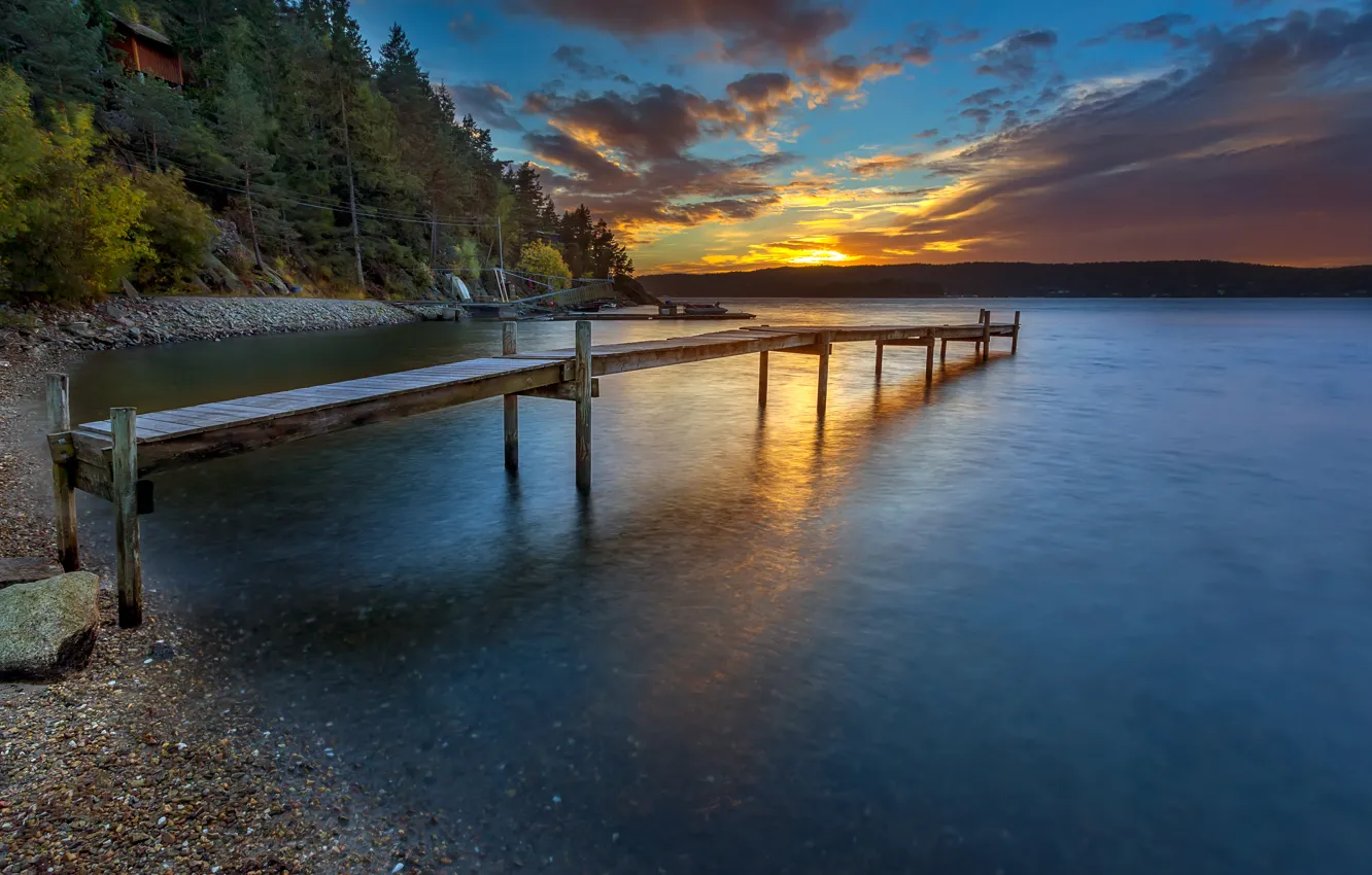 Photo wallpaper forest, sunset, river, shore, pier, Norway, Ostfold, Hoysand