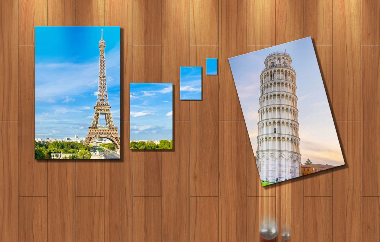 Photo wallpaper Eiffel Tower, picture frame, Tower of Pisa