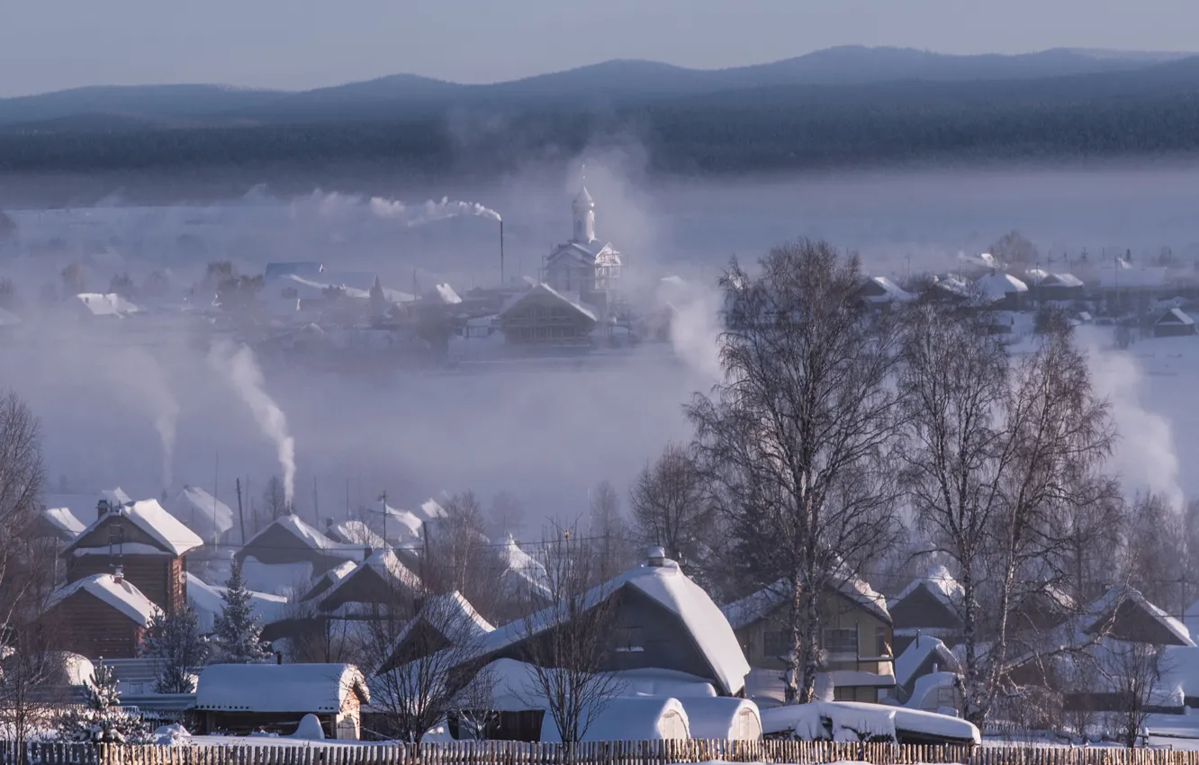Photo wallpaper winter, snow, landscape, nature, fog, home, village, frost