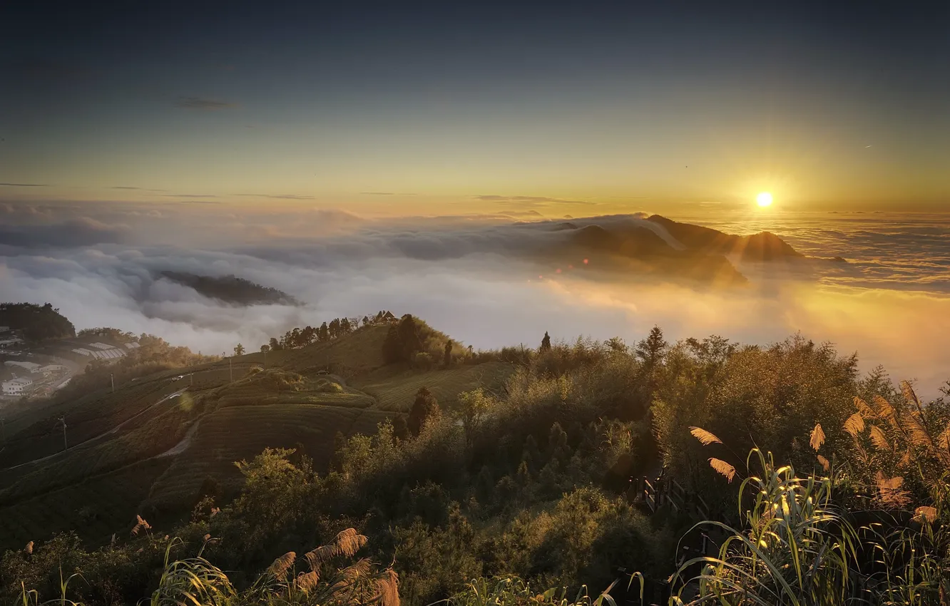 Photo wallpaper clouds, landscape, dawn, morning, panorama