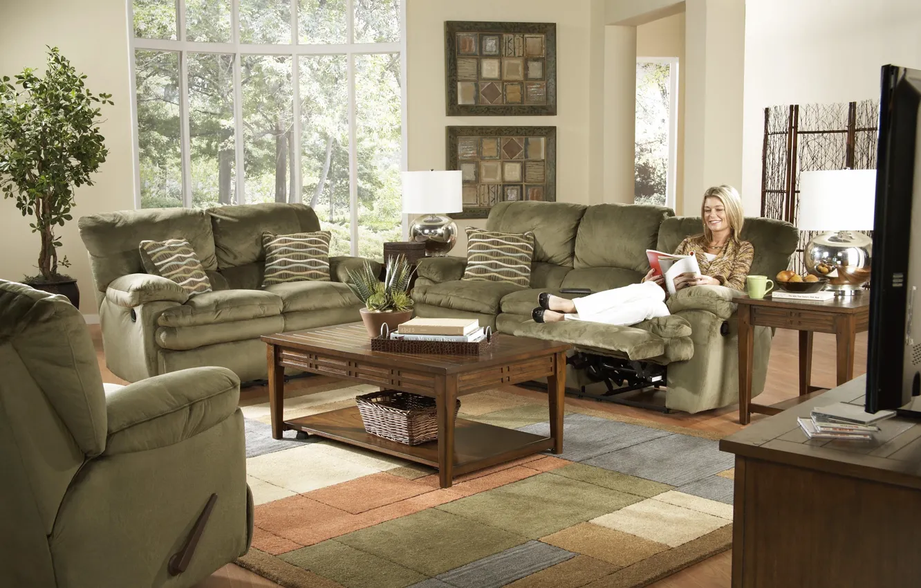 Photo wallpaper light, room, sage green sofa, interior, living room