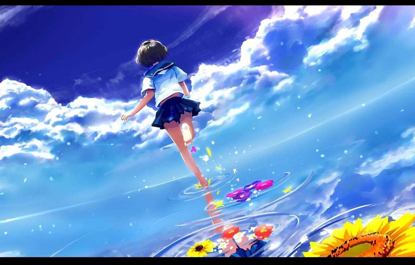 Photo wallpaper sea, the sky, clouds, back, sunflower, horizon, schoolgirl, runs