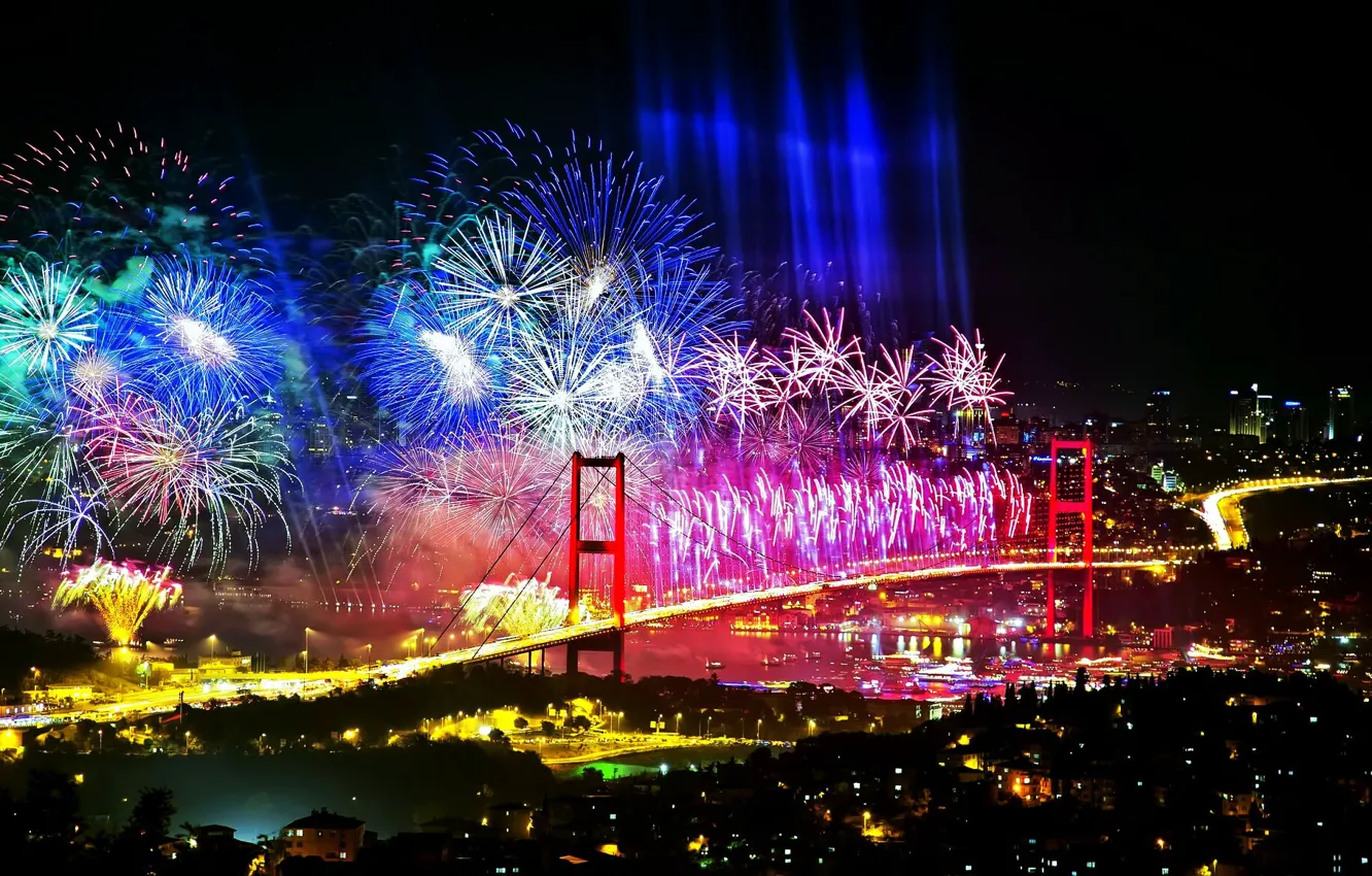 Photo wallpaper night, Strait, holiday, salute, Istanbul, Turkey, Istanbul, Turkey