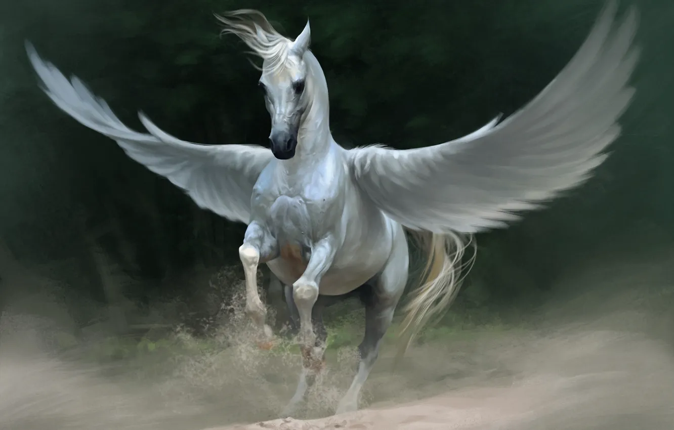 Photo wallpaper sand, white, horse, wings, dust, fantasy, art, Pegasus
