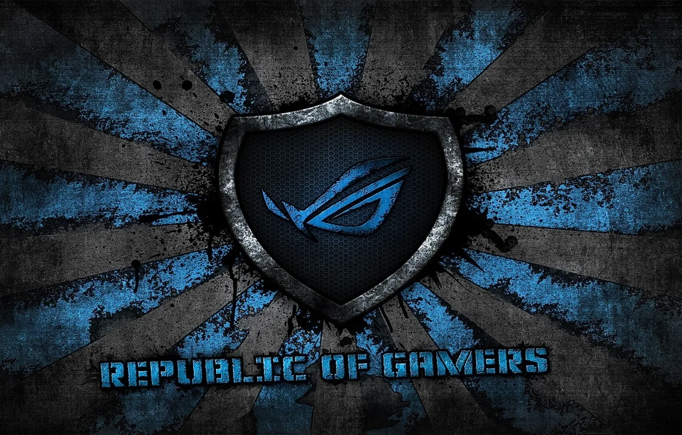 Photo wallpaper logo, grey, blue, background, brand, asus, rog, republic of gamers