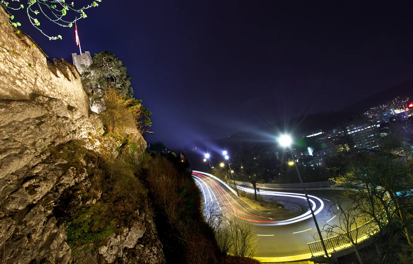 Photo wallpaper road, night, the city, mountain