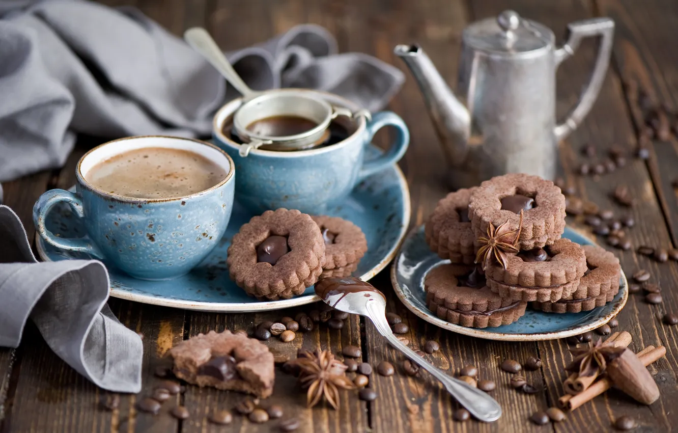 Photo wallpaper coffee, food, grain, cookies, dishes, still life, cinnamon, dessert