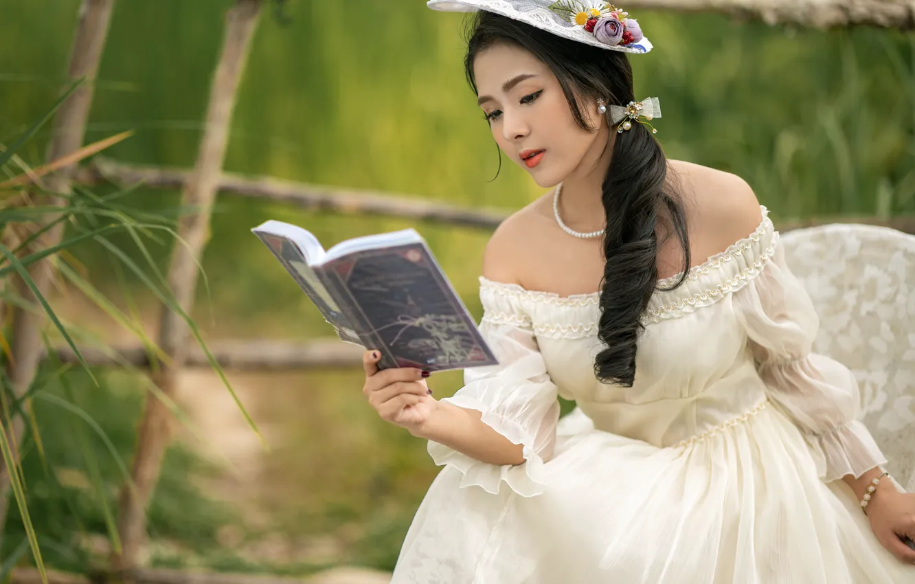 Photo wallpaper girl, flowers, nature, face, pose, makeup, garden, Asian