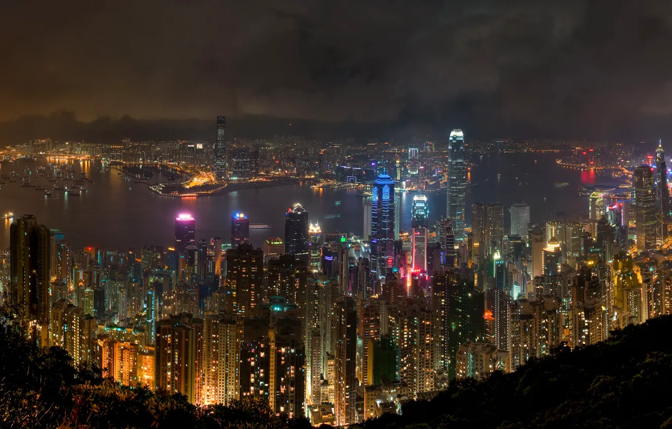 Photo wallpaper night, river, Windows, Hong Kong, skyscrapers, neon
