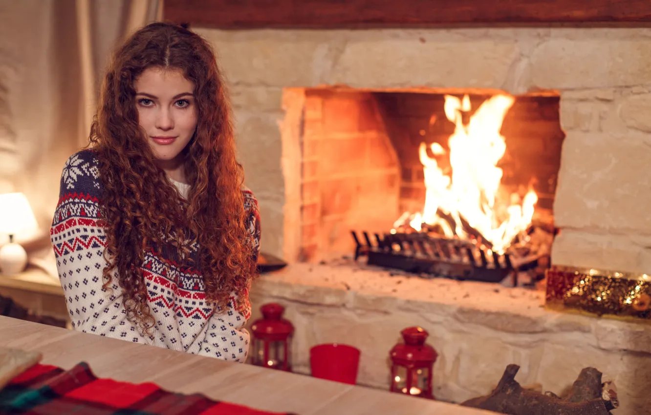 Photo wallpaper girl, sweater, Heidi, by the fireplace, Heidi Romanova