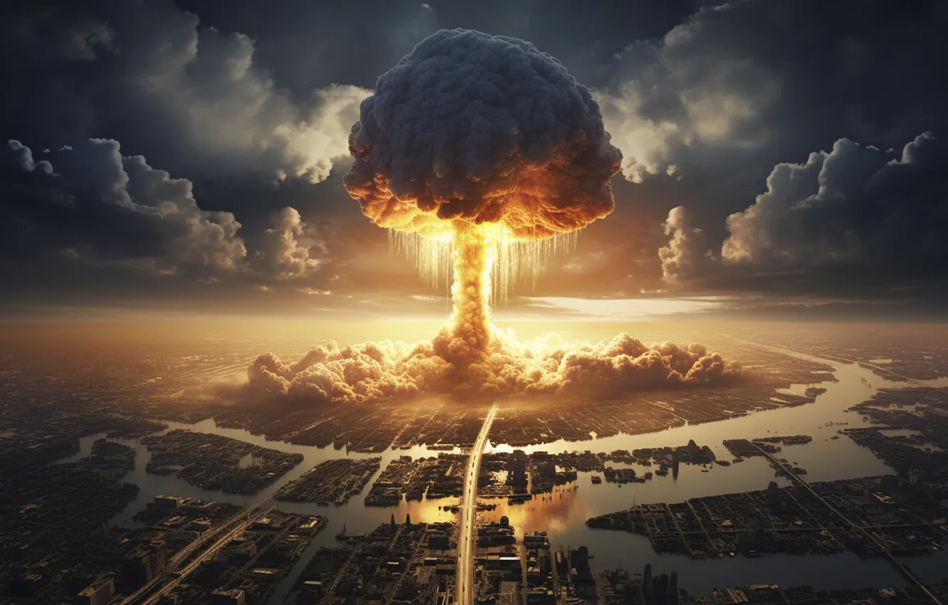 Photo wallpaper clouds, the explosion, the city, lights, river, mushrooms, home, destruction