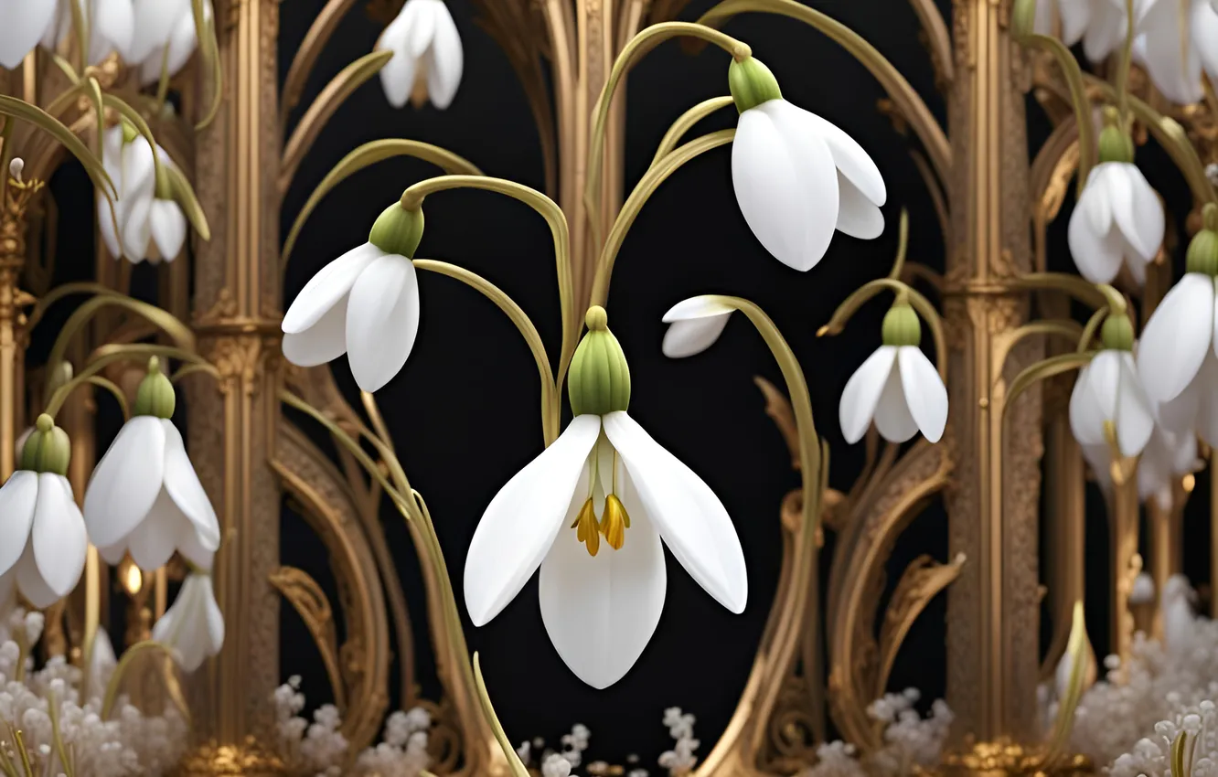 Photo wallpaper forest, flowers, pattern, curls, texture, spring, styling, snowdrops