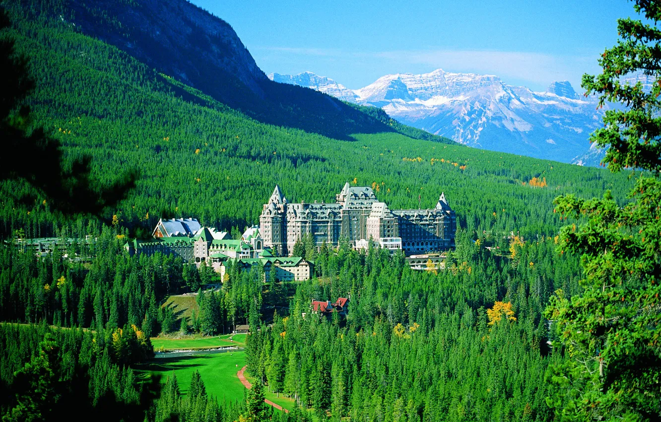 Photo wallpaper forest, trees, mountains, Canada, panorama, the hotel, Banff, Springs Hotel